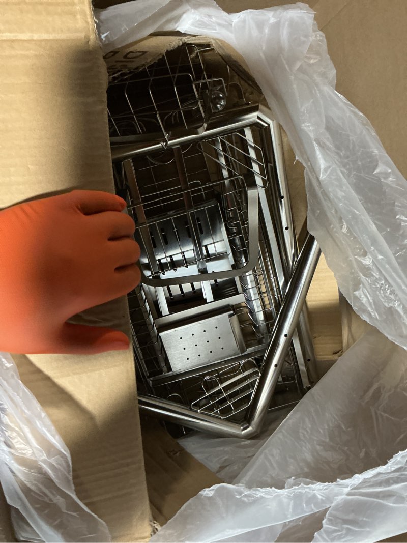 Condition photo showing As Is for over sink dish drying rack, upgrade 2.5-tier 304 stainless steel dish rack adjustable length with pots and pans rack, modern over the sink dish drainer rack for kitchen storage counter organizer 2.5 tier