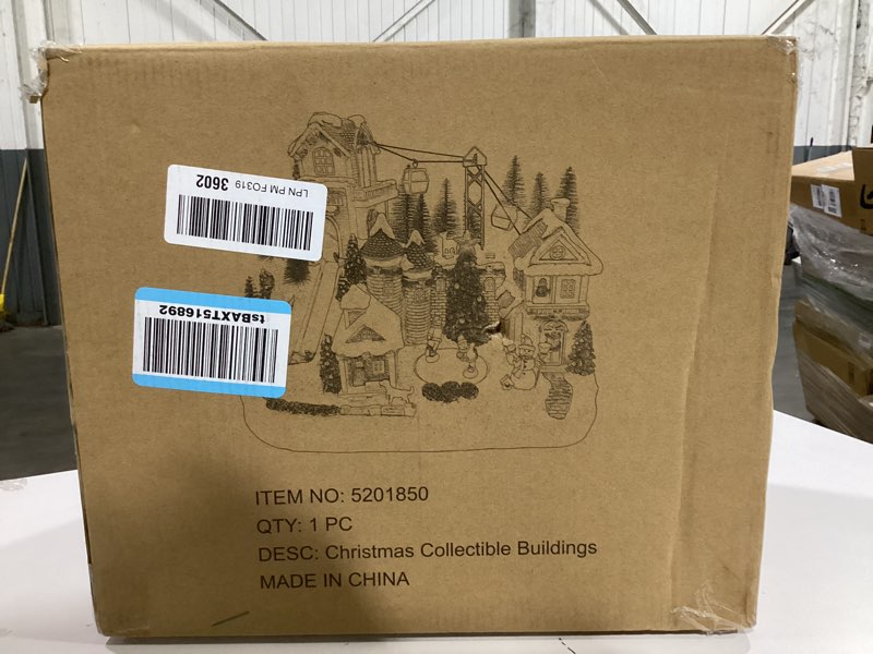 Condition photo showing As Is for Christmas Village House 10.2 Inch Christmas Decorations Skiing Skating Cable Car Village People USB Holiday Music Town Indoor Lighted Houses for Room Tabletop Xmas Decor Skiing Mountain 10.2 IN
