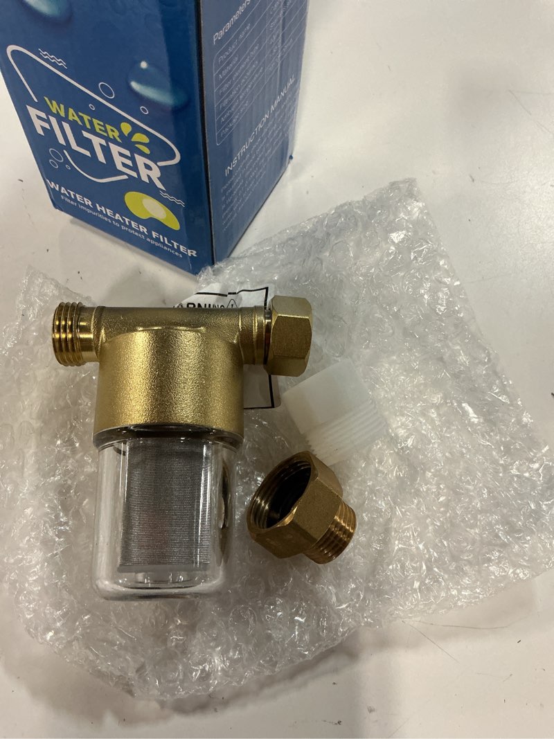 Condition photo showing Good Condition for reusable brass sediment water filter, 40 micron inline washer filter system for washing machine, water heater, garden & rv, reduces clothing yellowing, dry skin & prevents scale build-up