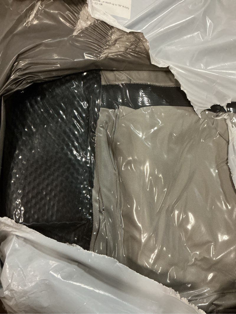 Condition photo showing As Is for seapisode center console boat cover, 900d heavy duty boat center console cover, waterproof boat covers 20-22 ft with motor cover and metal windproof adjustable buckle, gray 20'-22' length , beam width up to 106" w gray