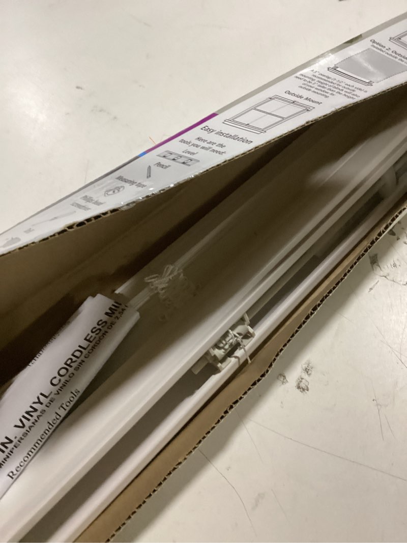 Condition photo showing Good Condition for mainstays 1  cordless vinyl light filtering mini blinds  1-piece  white  23  w x 42  l
