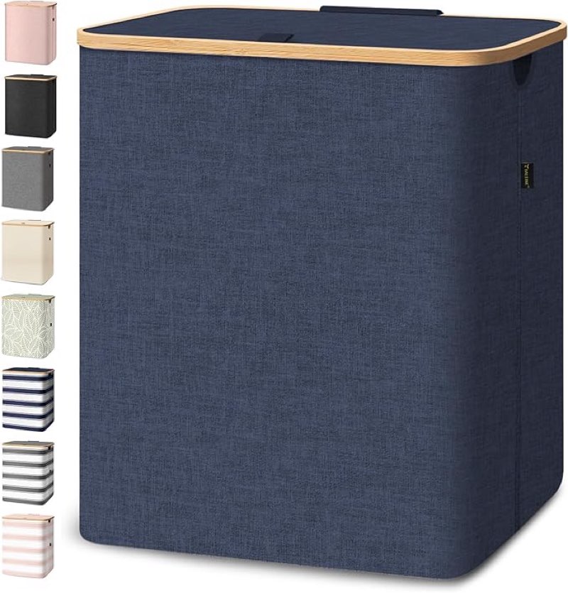 baleine laundry hamper with lid, tall laundry baskets with bamboo pull handles, large laundry bin with internal support (36 gal/140l, blue)