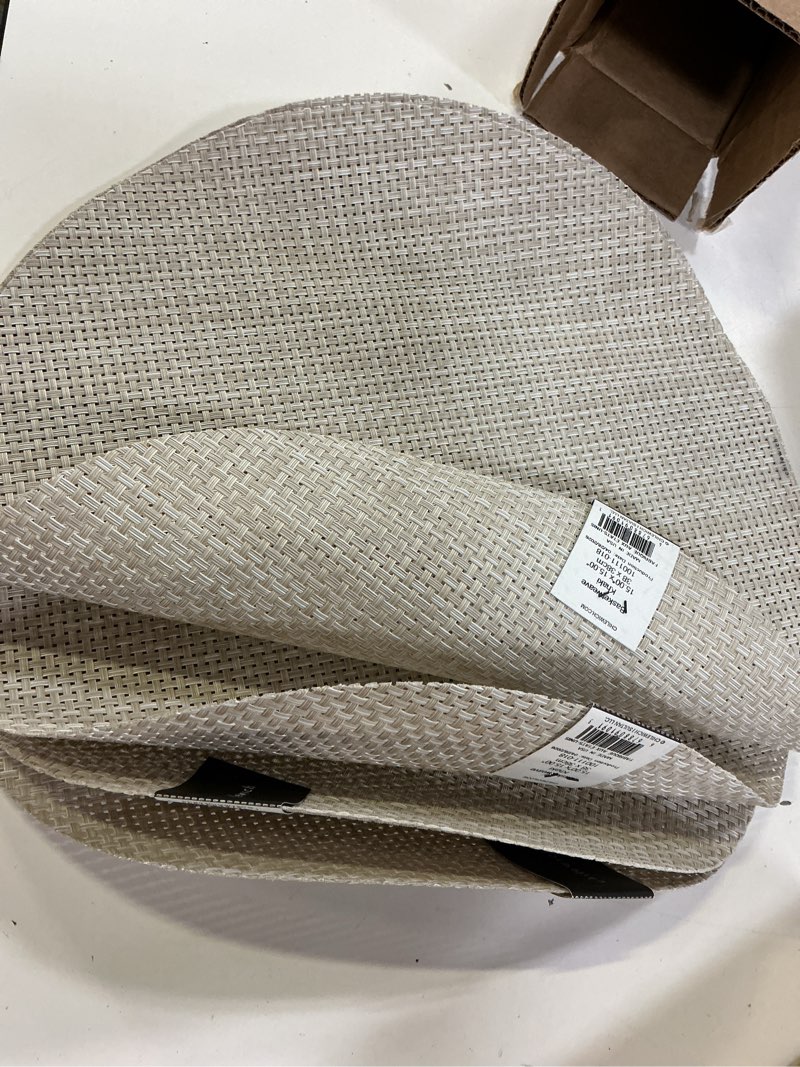 Condition photo showing Good Condition for chilewich basketweave placemats - round woven placemats set of 4 - reusable, stain-resistant, indoor/outdoor tabletop protection - khaki - 15" round khaki 15" round