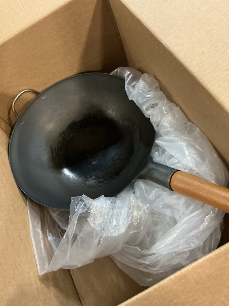 Condition photo showing As Is for yosukata 13.5" carbon steel wok pan – pre-seasoned flat bottom pow wok for stir fry, bbq, grill & camping – traditional japanese chinese cookware – compatible with induction, electric, gas, open fire