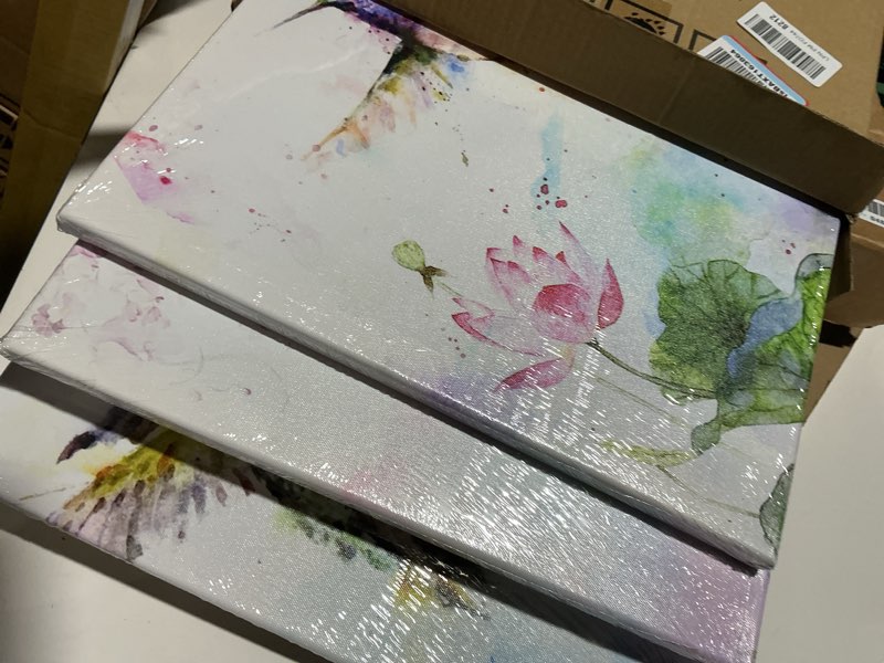 Condition photo showing Good Condition for canvbay 3 piece abstract birds picture wall art canvas watercolor hummingbirds and flower painting art print on canvas framed artwork poster for bedroom office decor 16x16inchx3pcs (medium)