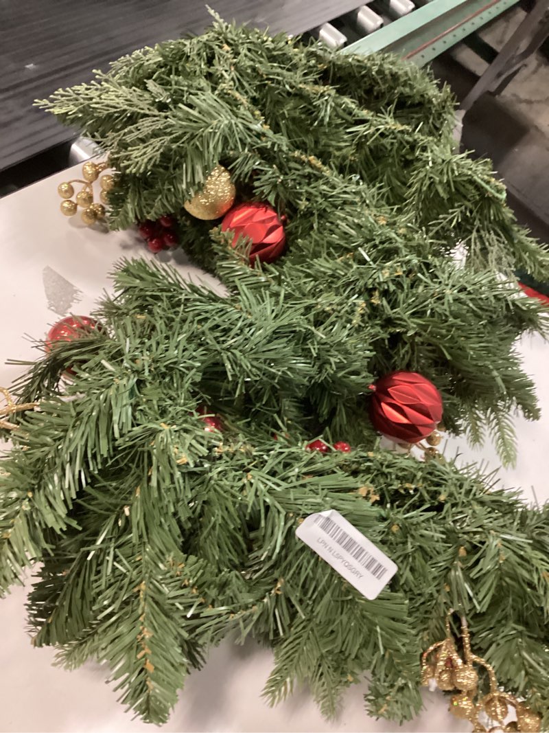 Condition photo showing As Is for Christmas Garland 9ft with 50 Led, Gold & Red Ball Berries Battery Control, Christmas Decor with Light Timer for Mantle Staircase Indoor and Outdoor