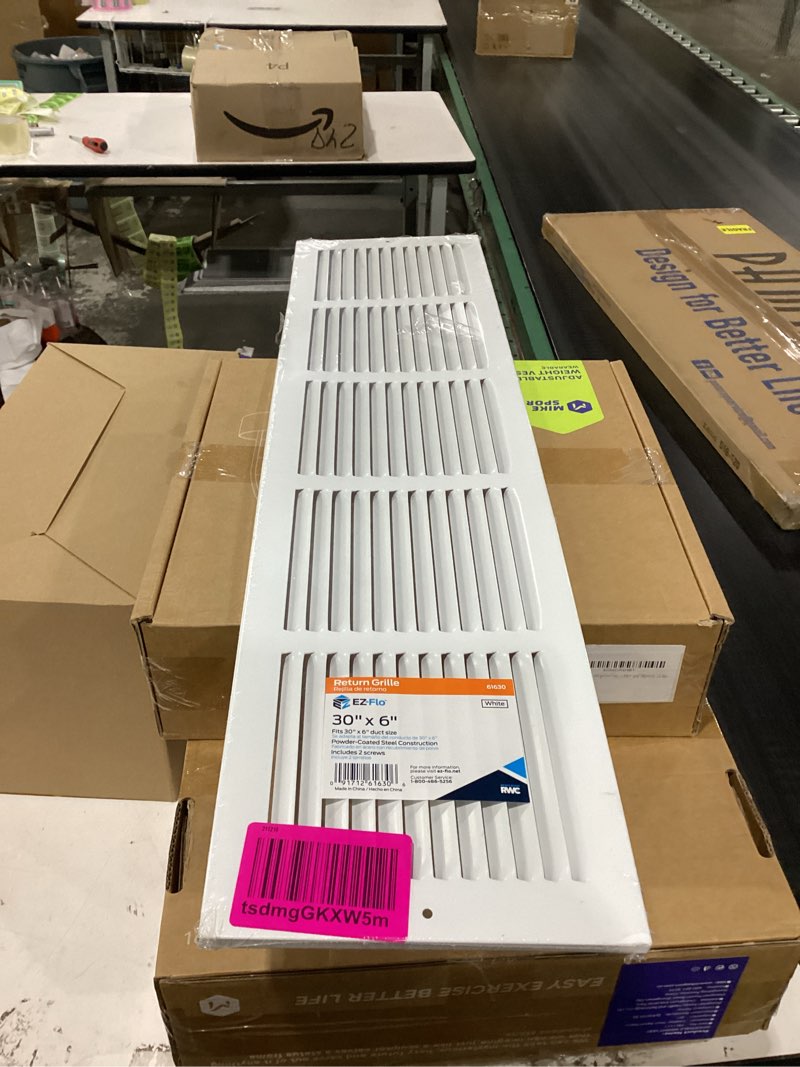Condition photo showing As Is for EZ-FLO 30 x 6 Inch (Duct Opening) Return Air Vent Cover for Wall or Ceiling, Solid Steel Return Air Grille, HVAC Vent Cover, White, 61630