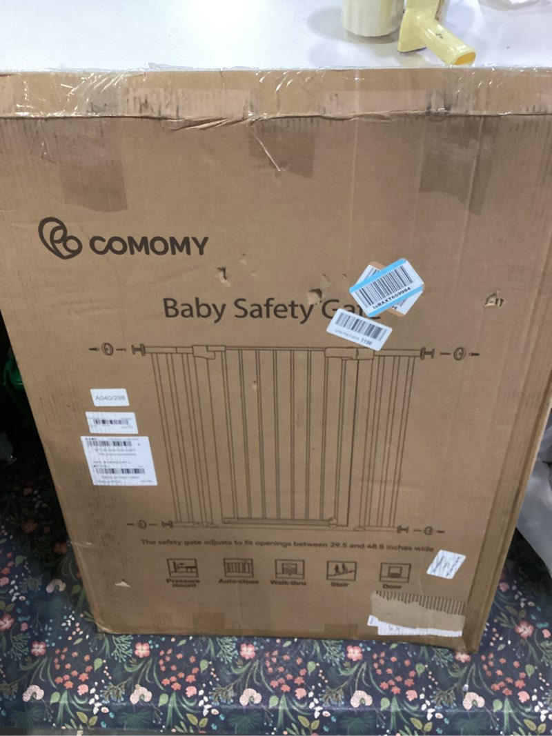 Condition photo showing New/Like New for COMOMY 36" Extra Tall Baby Gate for Stairs Doorways, Fits Openings 29.5" to 48.8" Wide, Auto Close Extra Wide Dog Gate for House, Pressure Mounted Easy Walk Through Pet Gate with Door, White