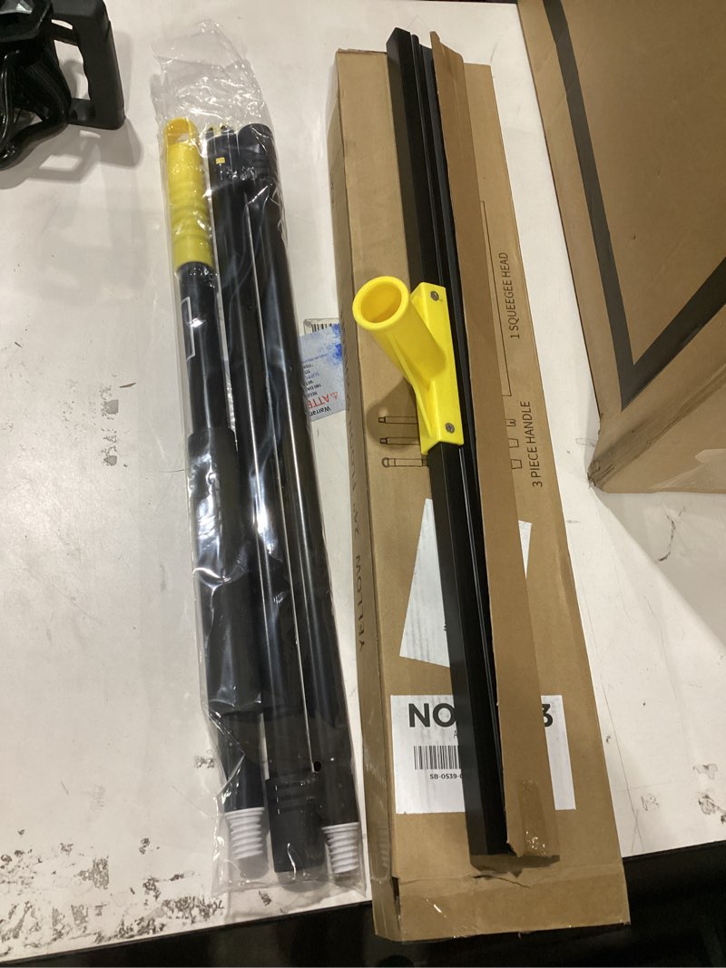 Condition photo showing New/Like New for floor squeegee for concrete and tile cleaning, 24'' rubber wiper broom, large heavy duty water scraper with 60'' long handle for garage, deck, bathroom, shower glass, window yellow 24in