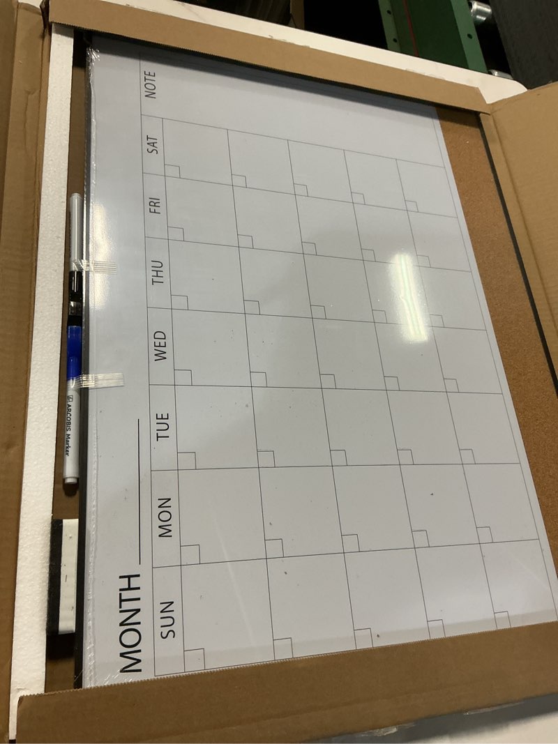 Condition photo showing New/Like New for ARCOBIS Dry Erase Calendar with Cork Board for Wall, 24"x 18" Magnetic Calendar Whiteboard with Black Frame, Monthly Combination Board for School, Home, Office Black 24" x 18"