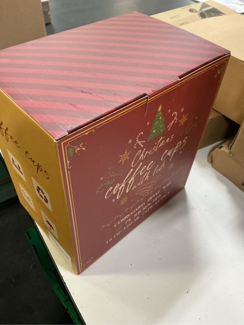 Condition photo showing New/Like New for 16 oz Christmas Disposable Coffee Cups with Lids, Christmas To Go Coffee Cups, Insulated Ripple Double-Walled Paper Cup for Hot Cocoa, Hot Chocolate, Drinks Supplies, Xmas Dinner Party (48 Pack) Christmas-four style 16 once