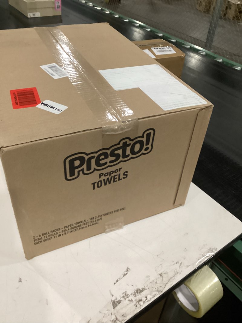Condition photo showing New/Like New for Amazon Brand - Presto! Ultra-Strong Premium Paper Towels, 158 Sheet Huge Roll - Flex-a-Size, 12 Rolls (2 Packs of 6), Equivalent to 38 Regular Rolls, White Huge 12 Rolls (158 Sheets each)