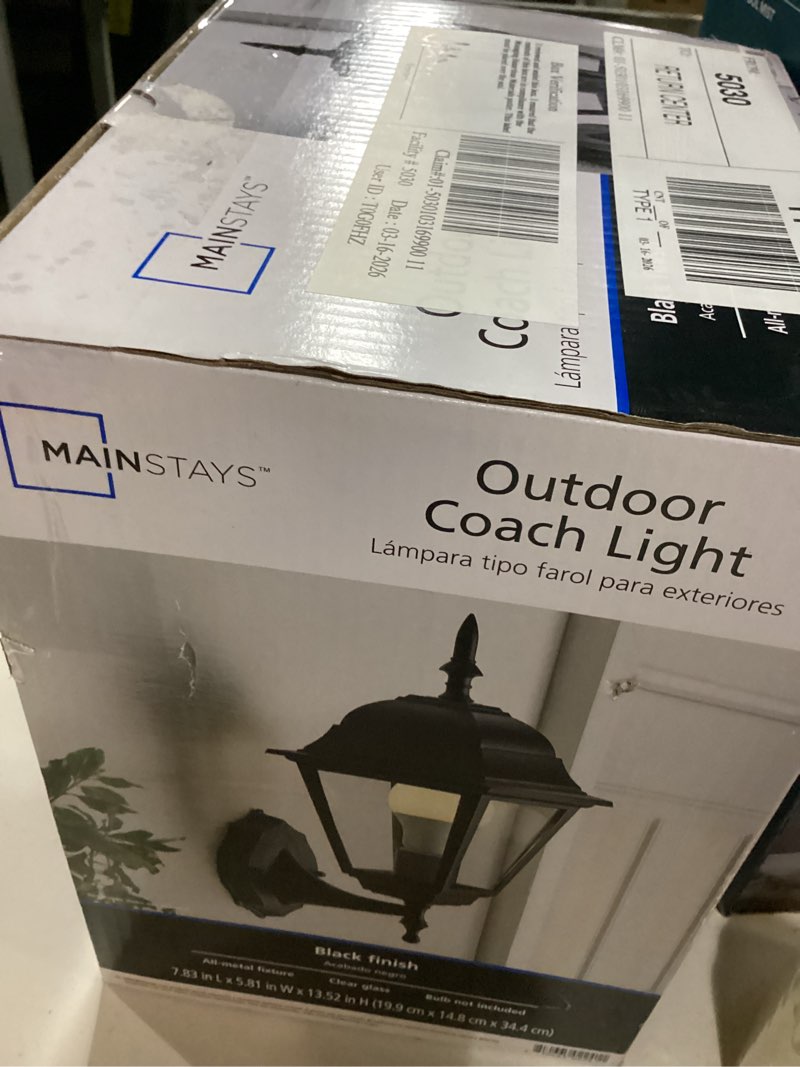Condition photo showing Good Condition for mainstays 13.5" classic black outdoor coach wall light, clear glass lens, bulb not included