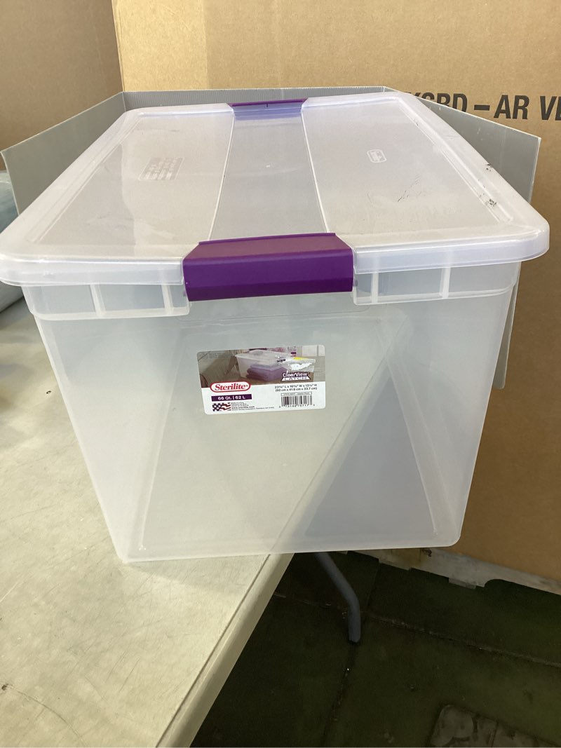 Sterilite 66qt ClearView Latch Box Clear with Purple Latches: Plastic Storage Container, Lidded & Stackable,
