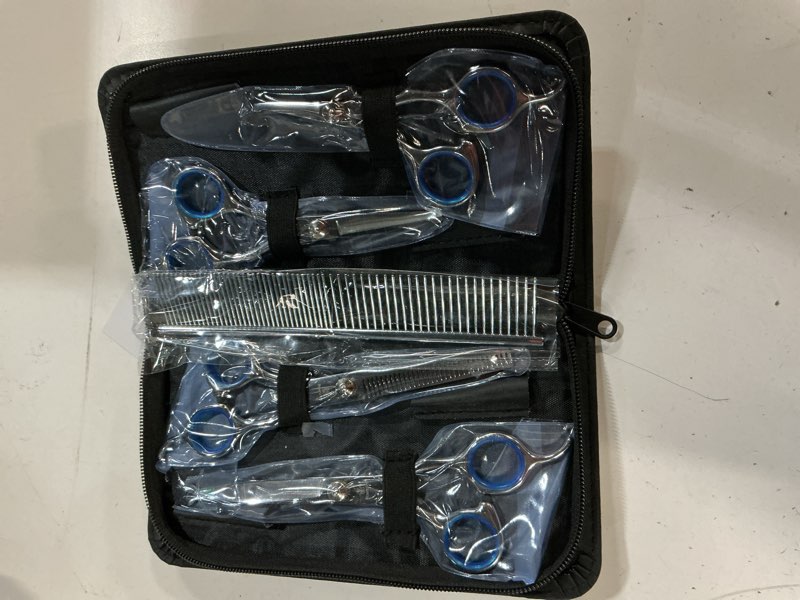 Condition photo showing New/Like New for professional pet grooming kit – 6 in 1 dog grooming scissors kit - dog & cat grooming supplies - adjustable screw scissors, 4cr stainless steel dog clippers, hair thinning shears, rubber grips pack of 6