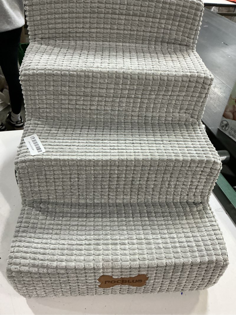 Condition photo showing As Is for POCBLUE Dog Stairs for Bed 17.7" H, 4-Step Pet Steps for High Bed or Couch, Non-Slip Pet Ramp for Small Dogs and Cats Indoor with Washable Cover, Grey Grey 4 15.7x23.6x17.7in