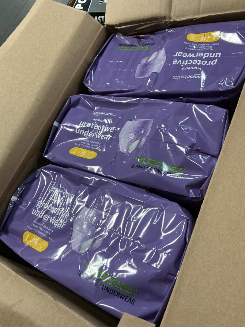 Condition photo showing New/Like New for amazon basics incontinence underwear for women, maximum absorbency, fresh protection, postpartum, disposable, odor protection, comfortable fit, large, lavender, 54 count (3 packs of 18) large 54.0
