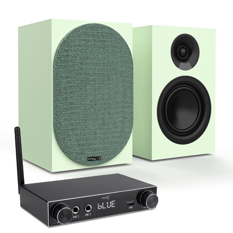 PNWCZ Passive Bookshelf Speakers with Detachable Magnetic Grille & Hi-Fi Amp | Avocado Green Finish 