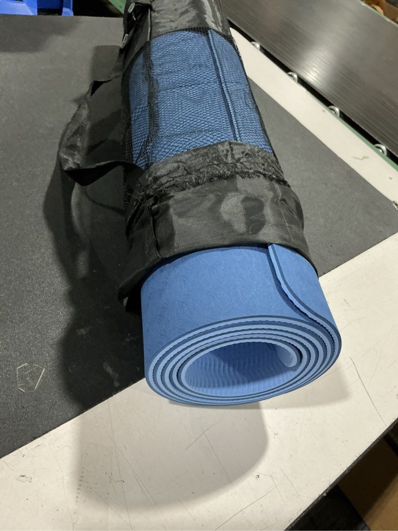 Condition photo showing As Is for (missing draw string) amazon basics extra thick exercise yoga mat with carrying strap blue 1/2 inch