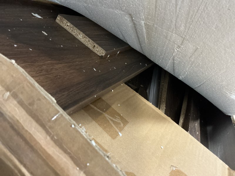 Condition photo showing As Is for Shoe Storage Cabinet,Farmhouse Shoe Organizer with 2 Flip Drawers & Barn Door Design,Freestanding Hidden Slim Narrow Shoe Rack Cabinet for Entryway,Foyer,Hallway,Walnut Walnut 2-Drawers