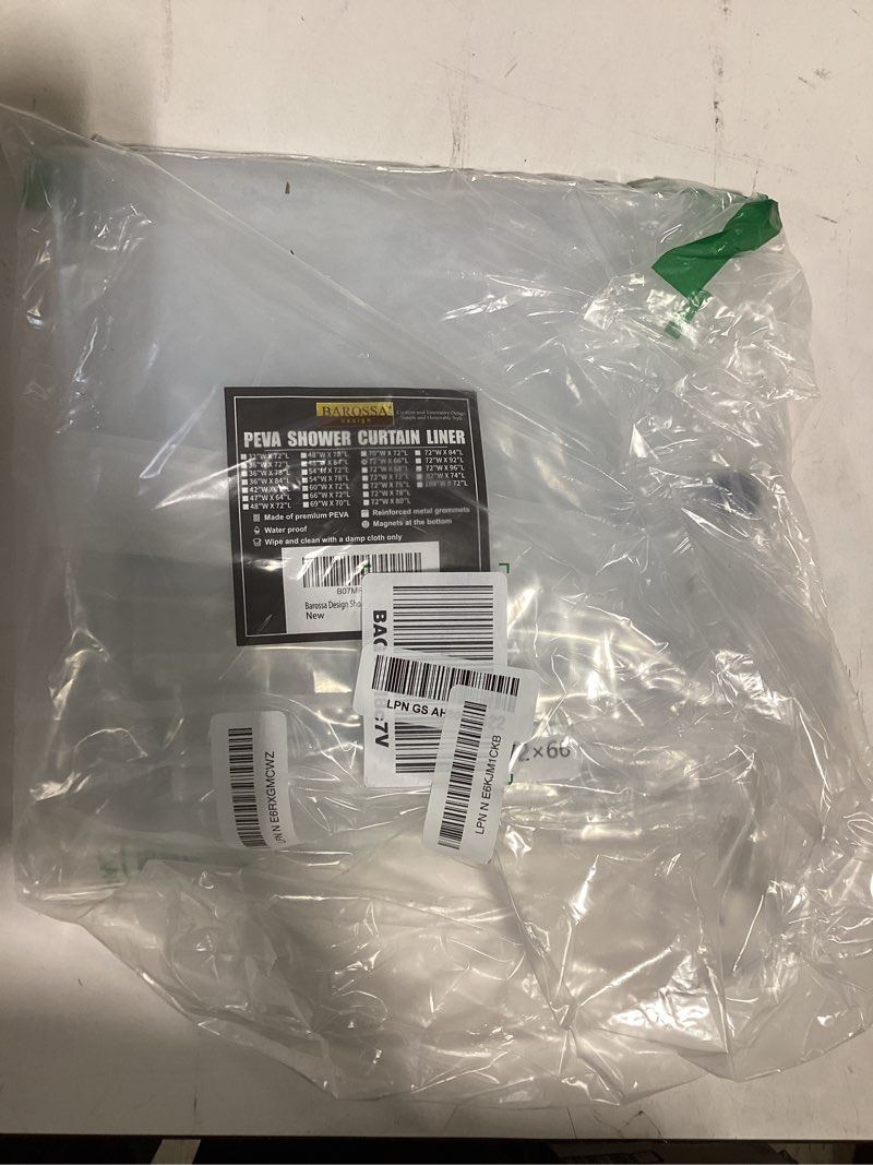 Condition photo showing Good Condition for barossa design short shower curtain or liner with 6 weighted magnets, 72 x 66 inch length, heavy duty peva, waterproof, pvc free, 12 metal grommets, clear, 72x66 72"w x 66"l (pack of 1) 1a. clear