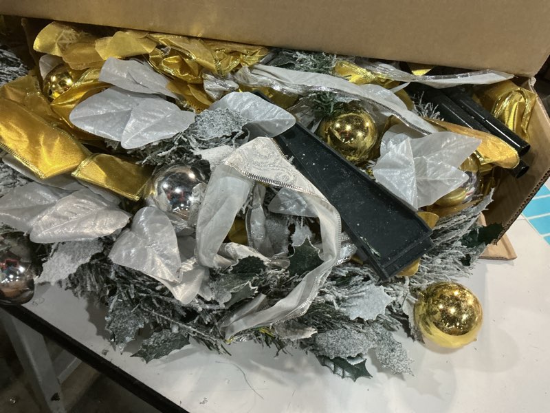 Condition photo showing As Is for VINGLI 6ft Pre Lit Pop Up with 150 Lights, Fully Decorated Flocked Pencil Christmas Tree Pre Lit Collapsible Christmas Tree Holiday Party Decorations (Gold&Silver) 6FT Flock Gold & Silver