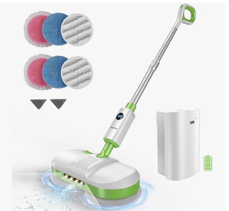 alfabot cordless electric mop for floor cleaning, dual spin with led headlight, water spray, long-la