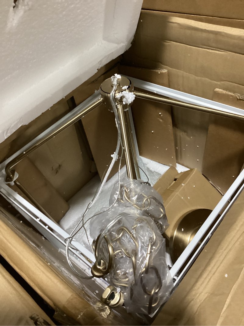 Condition photo showing As Is for kichler delvin 4-light pendant light fixture with clear glass and white cage in champagne bronze, updated traditional hanging light for kitchen island, dining room, or foyer (16" x 24"), 52619cpzwh 24" white