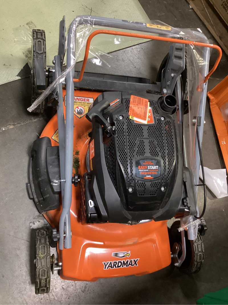 Condition photo showing As Is for yardmax yg1650 21 in. 170cc 3-in-1 gas walk behind push lawn mower with high rear wheels