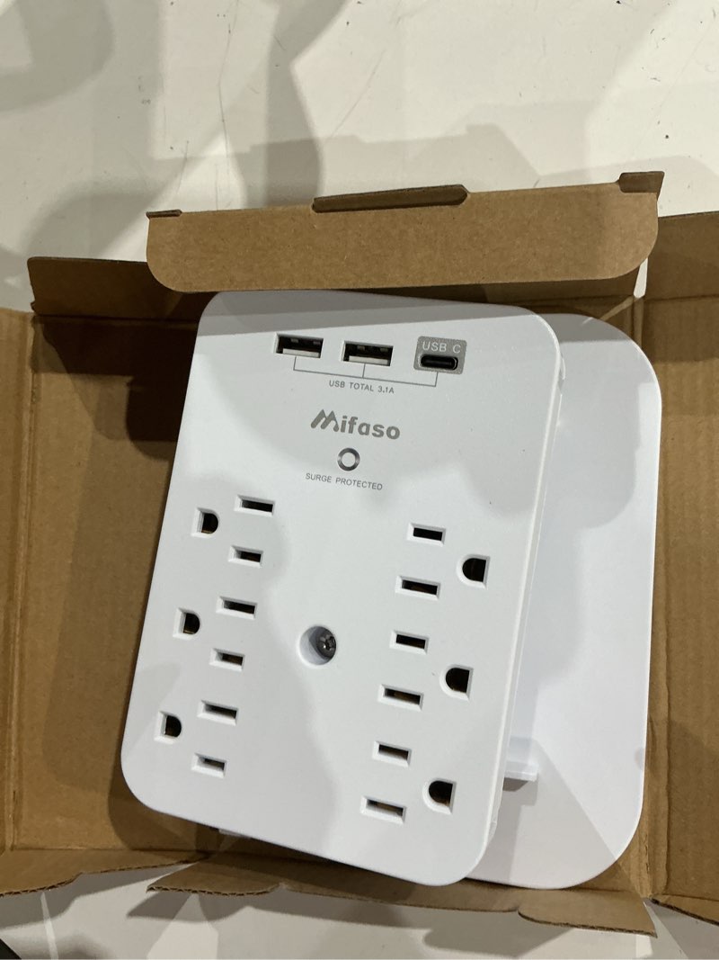 Condition photo showing Good Condition for wall outlet extender with surge protector, 6 ac outlets, shelf, 2 usb & usb c charging ports - home & dorm plug expander 3 usb white