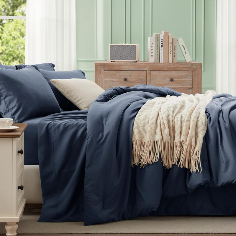 Anluoer Navy Blue Queen Comforter Set 7 Pieces, Bed in a Bag with Sheets, All Season Bedding Sets wi