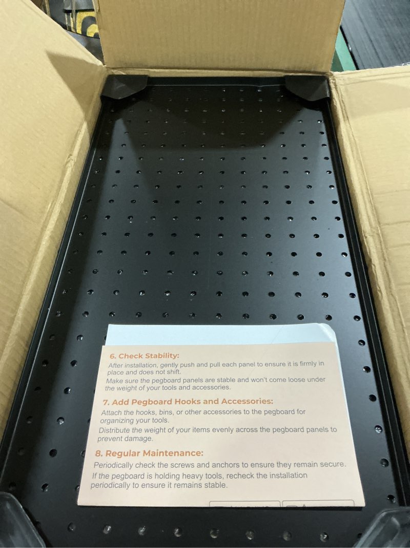 Condition photo showing As Is for INCLY 48x36 Inch Metal Peg Board Kit with 1/4" Pegboard Hooks Accessories, 6PCS Peg Board Panels and 234PCS Black Pegboard Wall Organizer Tool Storage System for Garage Workbench Shed