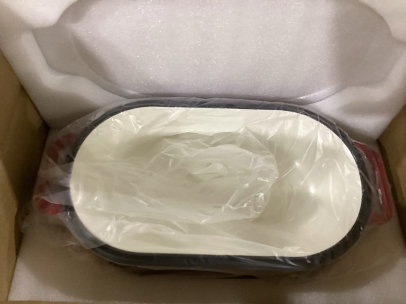 Condition photo showing Good Condition for oval dutch oven for bread baking, 6qt enameled cast iron oval dutch oven pot with lid and dual handles, ceramic sourdough bread baker with bread dome, cooking, frying, non-stick enamel coated cookware 6qt red