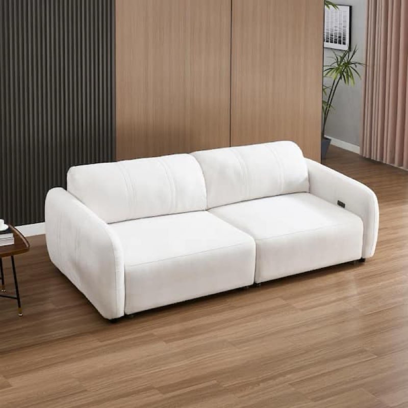 (Incomplete only 1 box) 98.5\\\" Modern Electric Slide Sleeper Couch Beige Sueded Faux Leather Twin XL Size Pull Out Sofa Bed Living Room Sectional