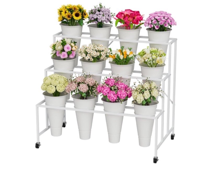 NEYCIL Flower Stand, 3-Tier Flower Display Stand with Buckets for Indoor Outdoor, Flower Cart Displa