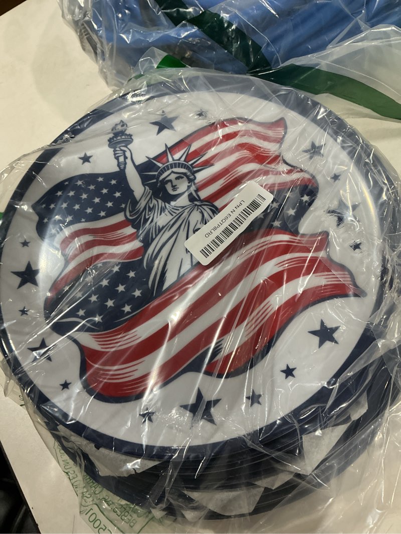 Condition photo showing Good Condition for 12-piece patriotic melamine 10.5 inch plates set, american flag design | bpa-free melamine 10.5" plates with american flag and statue of liberty design, dishwasher safe for independence day.
