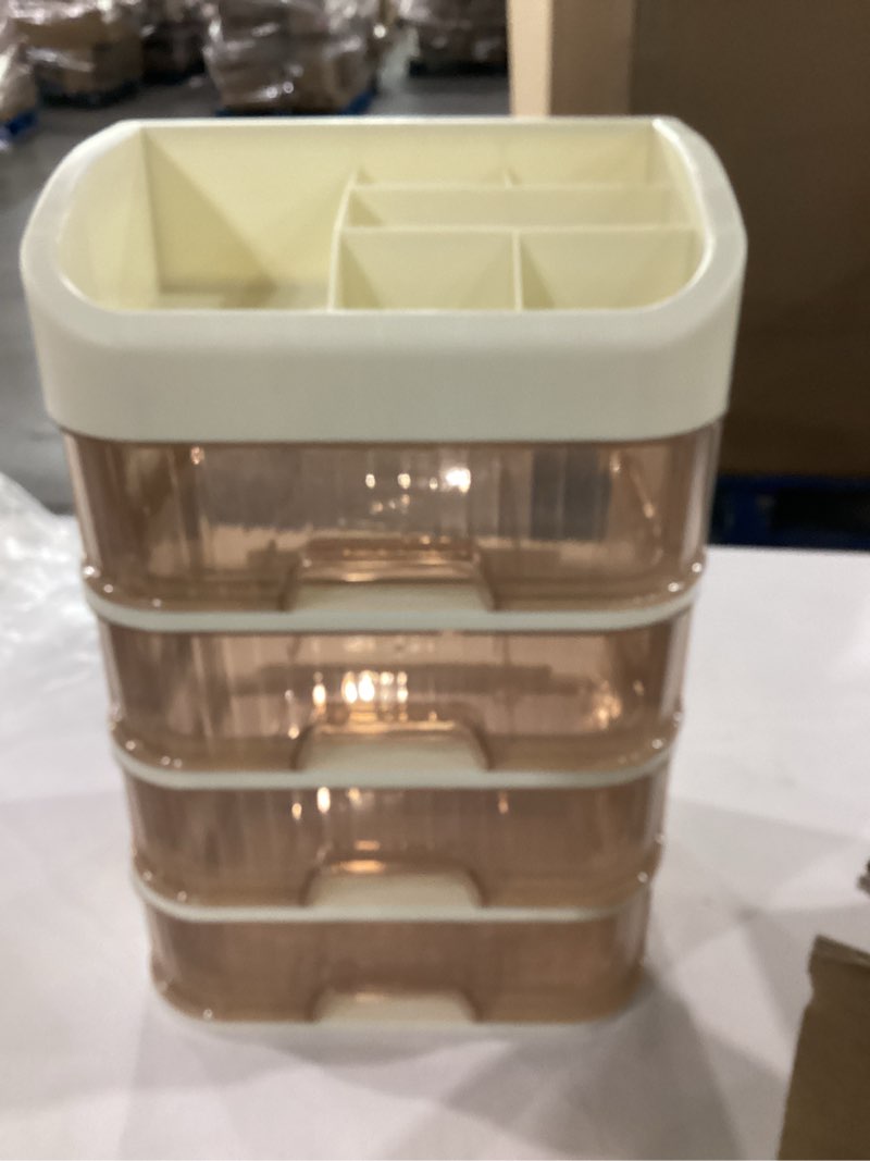 Condition photo showing As Is for Desk Organizer with Drawers, 4 Drawers Storage Organizer, Desktop Storage Drawers for Office/School Supplies, Plastic Stationary Makeup Organizer, Desk Storage Box for Office, School, Home 4 Layers with 3 Drawers