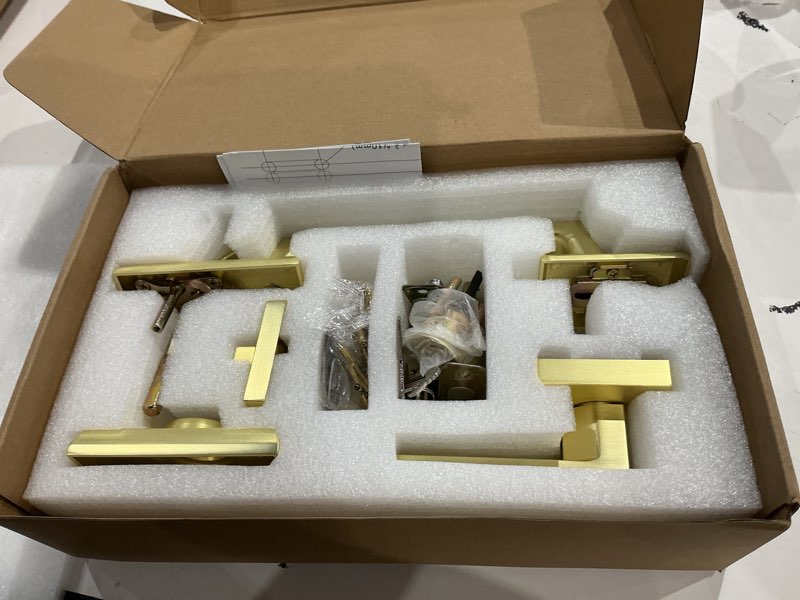 Condition photo showing Good Condition for moquin brushed gold square front door handle set, heavy duty entry door handleset with keys, exterior door lock with single cylinder deadbolt, satin brass reversible door lock for right & left door