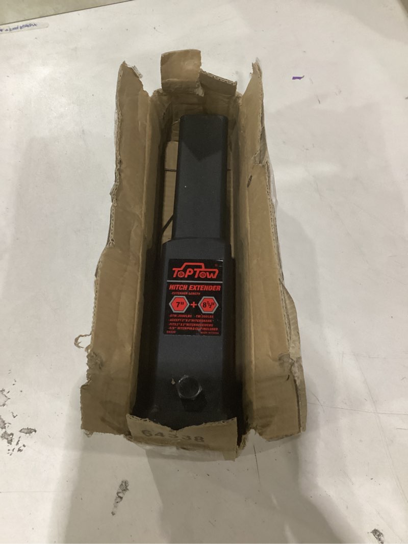 Condition photo showing As Is for toptow trailer hitch extender, fits for 2 inch hitch receiver, 7-inch and 8 1/2-inch extension length, with 5/8 inch hitch pin and clip, anti-rattle bolt included