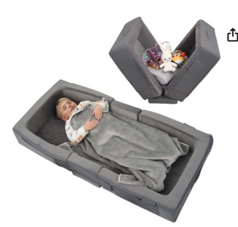 ENITYA Toddler Travel Bed – Portable Foldable Soft Foam Floor Bed for Kids 18M–4yr, No Assembly, Washable Cover, Built-in Safety Rails, Compact for Travel & Home Use, Grey