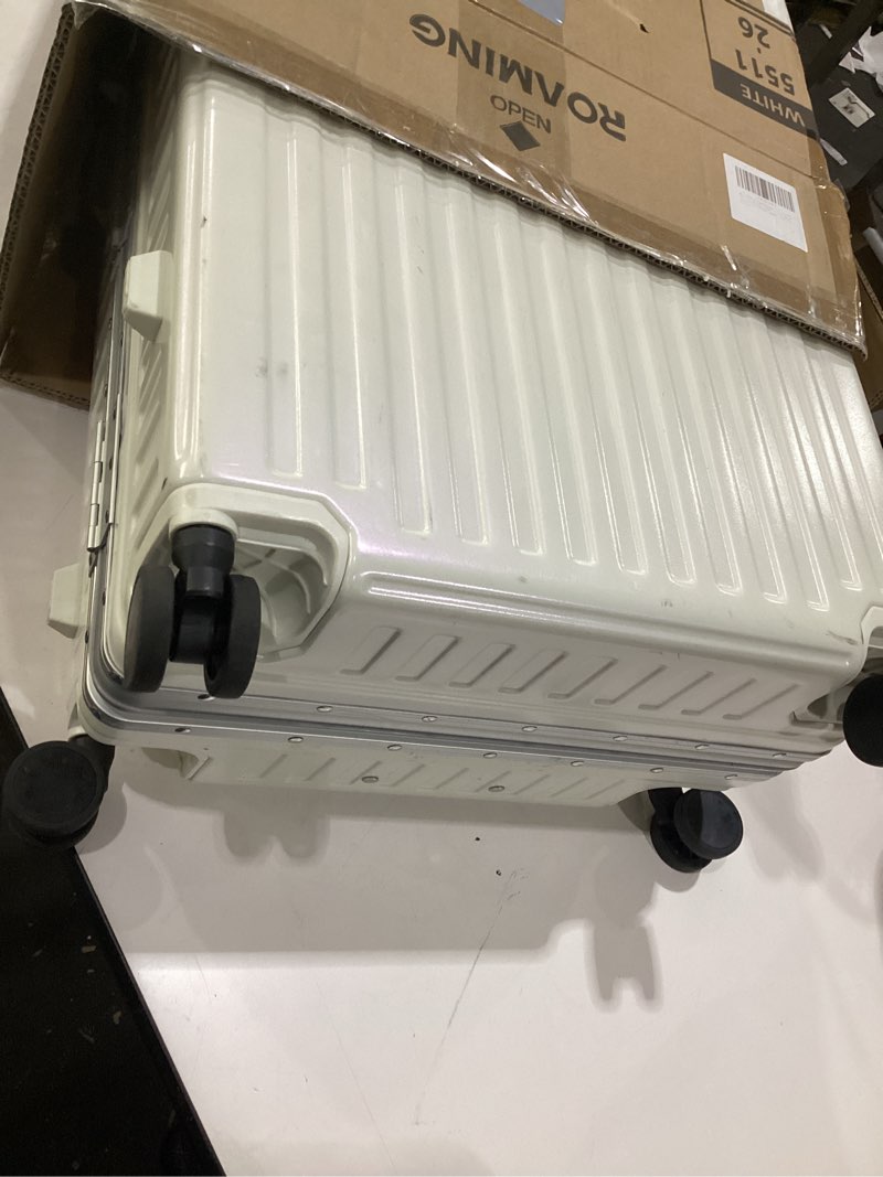 Condition photo showing As Is for roaming zipperless luggage 22 inch with aluminum frame, polycarbonate trunk-medium lightweight hard shell suitcase with spinner wheels, metal travel luggage with double tsa locks, shell white white 22 inch checked luggage, has marks