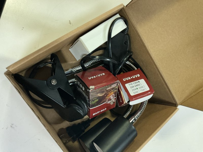 Condition photo showing As Is for all-in-one reptile heat lamp bundle, dual-head uvb&uva lamp with timer & hygrothermograph, high uva lighting for turtle, tortoise, bearded dragon, lizard, snake, amphibians, easy to install
