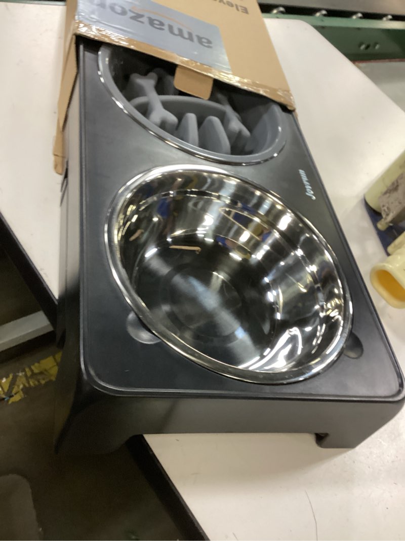 Condition photo showing New/Like New for Elevated Dog Bowls, Dog Feeder with 2 Stainless Steel Dishes &1 Slow Feeder Bowl, 5 Heights Adjustable Raised Stand for Medium Large, Food Dishes with Non-Slip Feet For Medium Large dogs Black