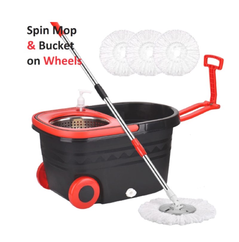PULNDA Spin Mop & Bucket System, Mop and Bucket with Wringer Set, Easy Wring Mop Bucket on Wheels, 360 Degrees Stainless Steel Spin Mop with Extra Refills, Black & Red