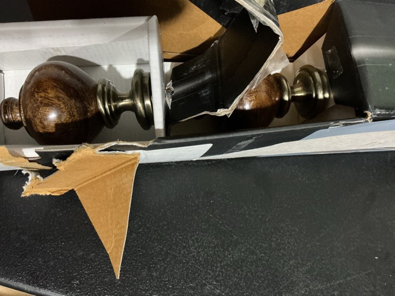 Condition photo showing As Is for deco window brown adjustable curtain rod with wooden finials