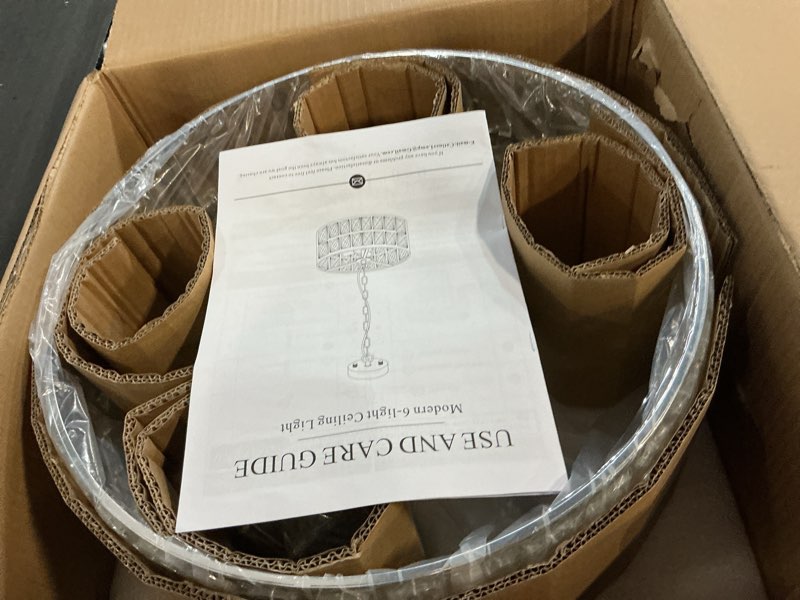 Condition photo showing New/Like New for Modern Crystal Chandelier 18”Chrome Semi Flush Mount Ceiling Light Fixtures 6-Lights Drum Crystal Pendant Lighting for Dining Room Foyer Bedroom Living Room Chrome Small-18”