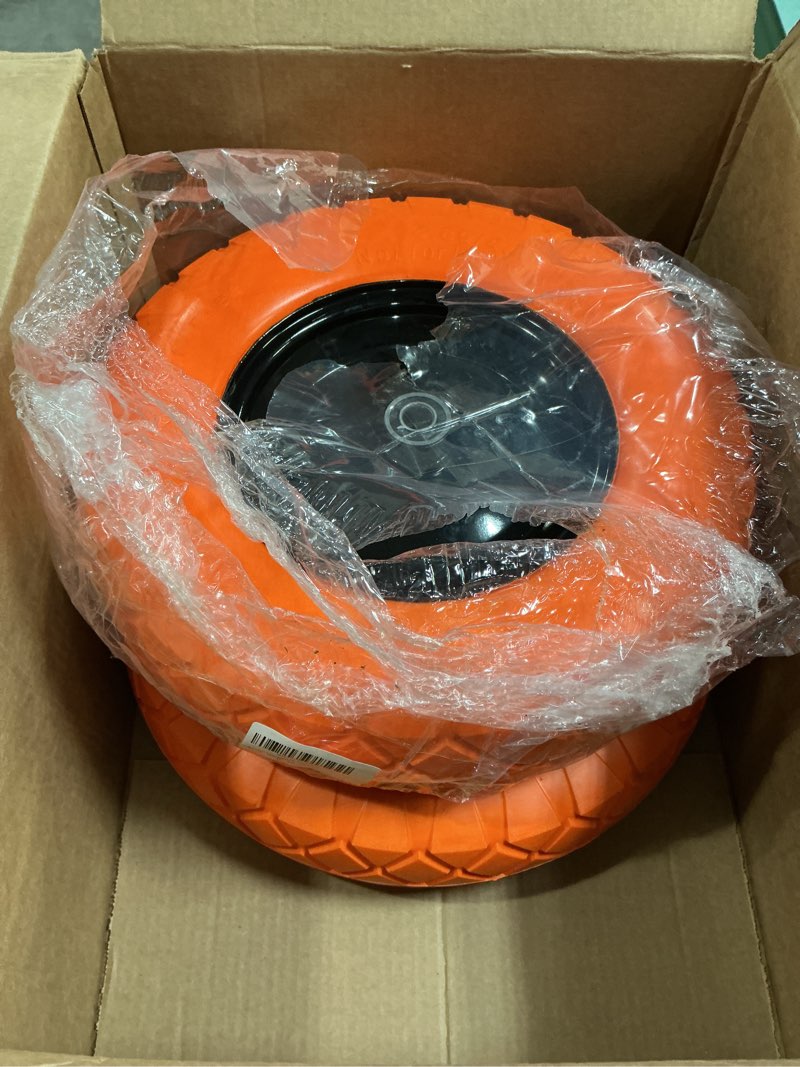 Condition photo showing Good Condition for upgraded 16" flat free wheelbarrow wheels and tires, 4.80/4.00-8 solid tires with 5/8"&3/4" bearings, universal fit for wheelbarrows/garden trailer 2 orange