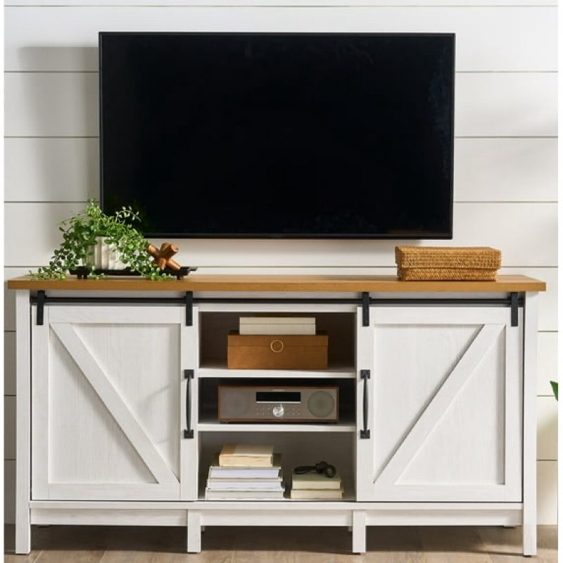 better homes & gardens modern farmhouse tv stand for tv's up to 70", alabaster and light honey finish