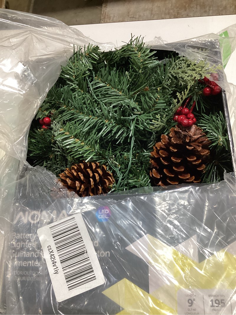 Condition photo showing As Is for noma preston led pre-lit christmas decoration artificial garland with berries & pinecones, 9-ft