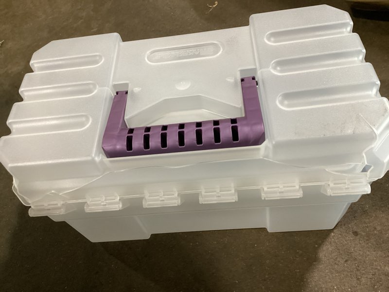 Condition photo showing As Is for akro-mils 09514cft probox 14-inch plastic art supply, craft or medical storage toolbox with removable tray, 14-inch x 8-inch x 8-inch, clear